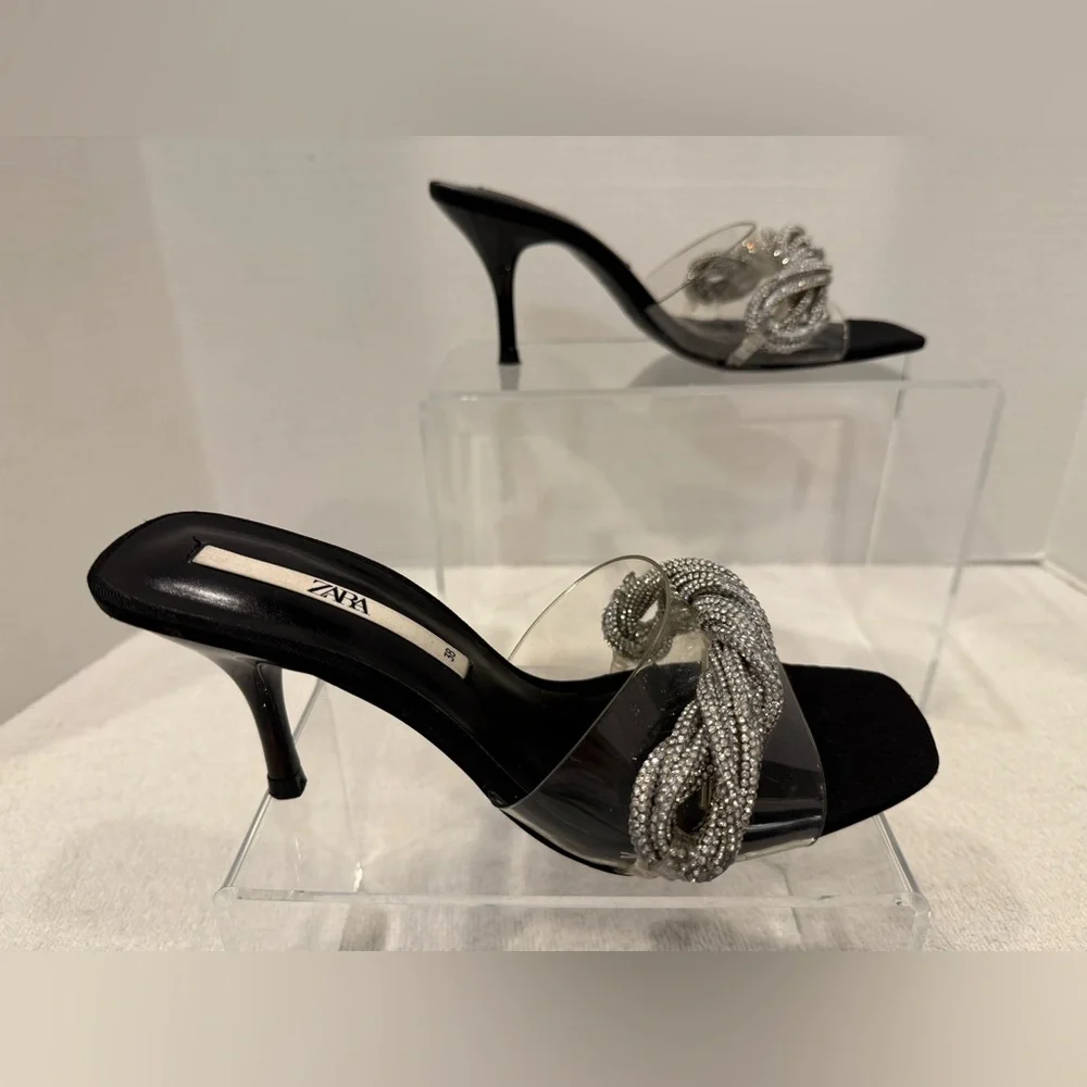 🖤 ZARA Embellished PVC Strap Heeled Sandals – Size 38 (7.5 US)